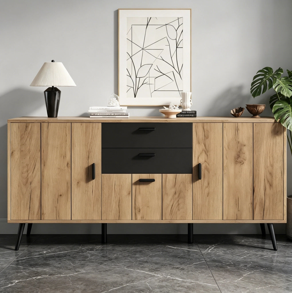 Credenza sideboard 140x35x67 cm con 2 cassetti e 3 ante nero e legno HAVRYA
