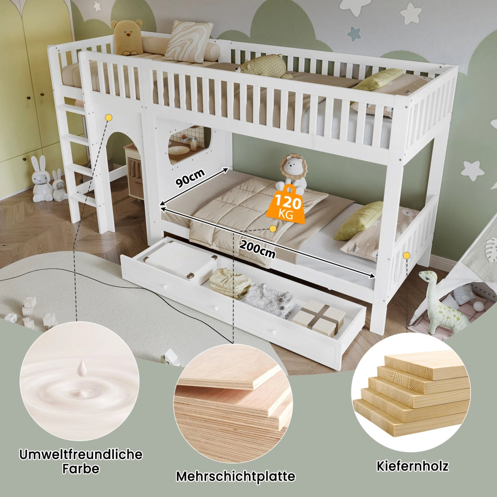 Letto a castello per bambini con scala a quattro gradini e sponde legno bianco e naturale 90 × 200 cm