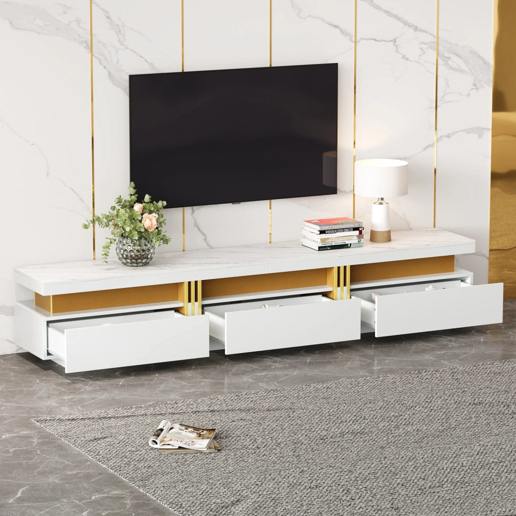 Mobile TV bianco 200 cm effetto marmo con 3 cassetti