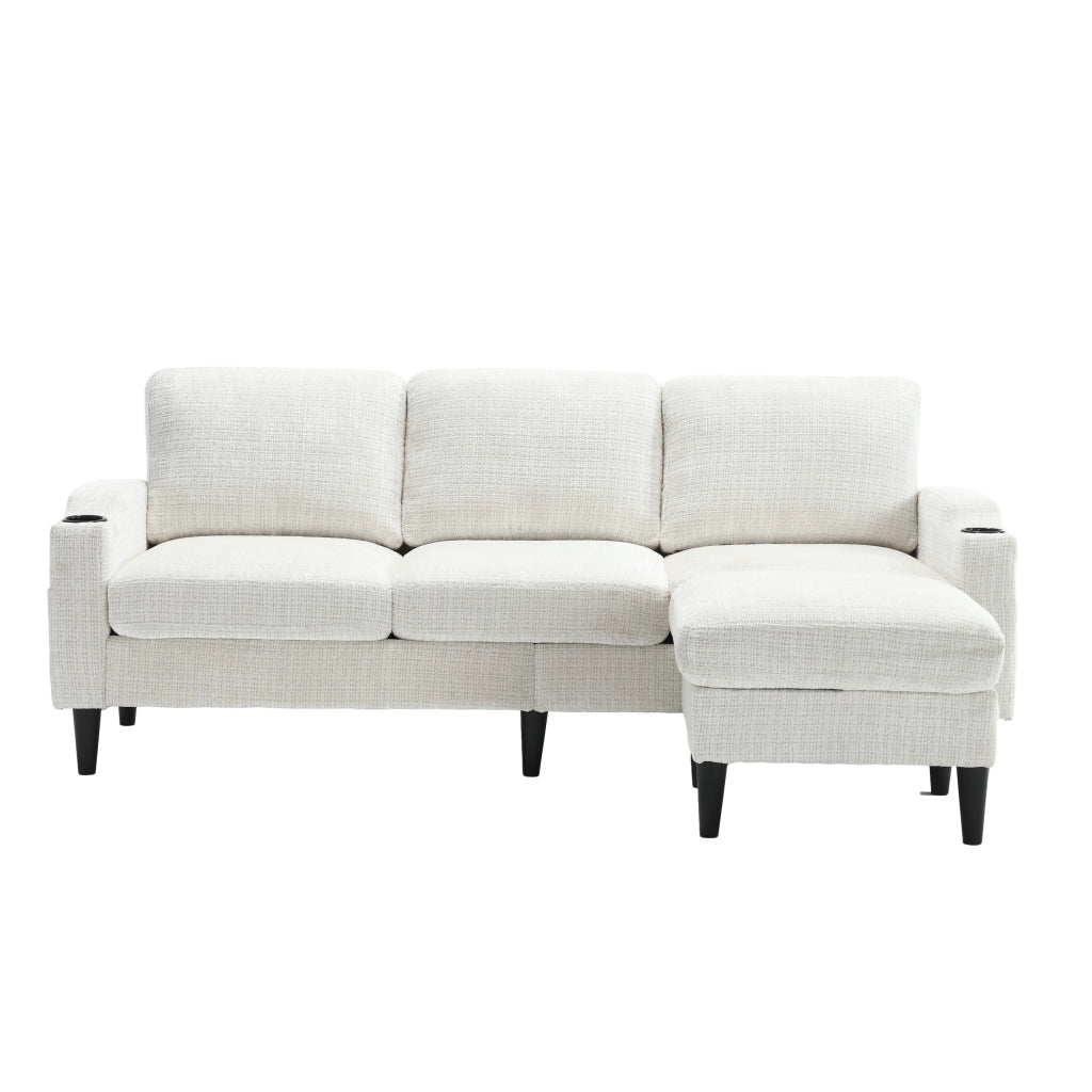 Divano 4 posti con pouf contenitore e portabevande in tessuto chenille beige
