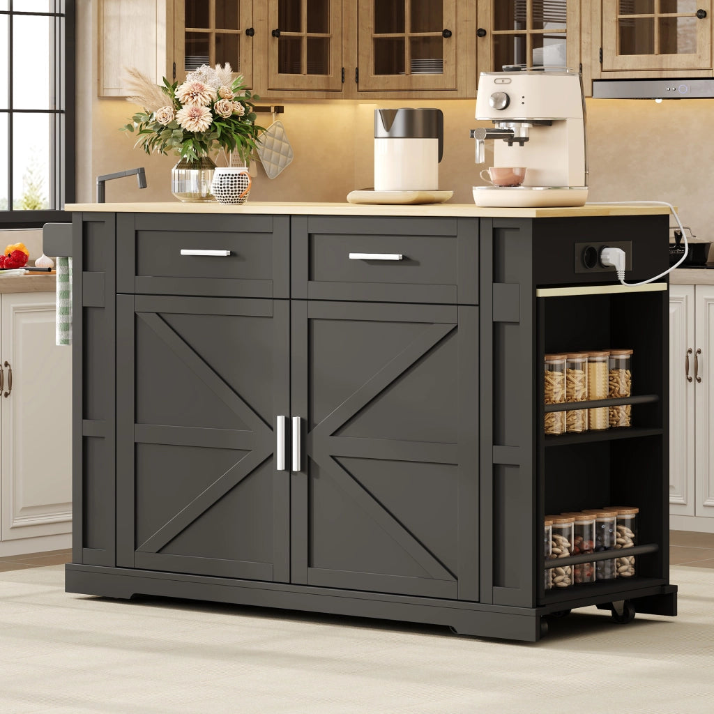 Mobile base da cucina con piano estraibile prese USB cassetti ruote e ripiano regolabile MDF nero naturale