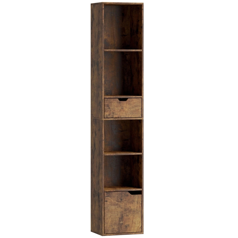 Libreria a 6 ripiani, regolabile su 3 livelli, con cassetto, anta, ripiano personalizzabile, ripiano espositivo, marrone