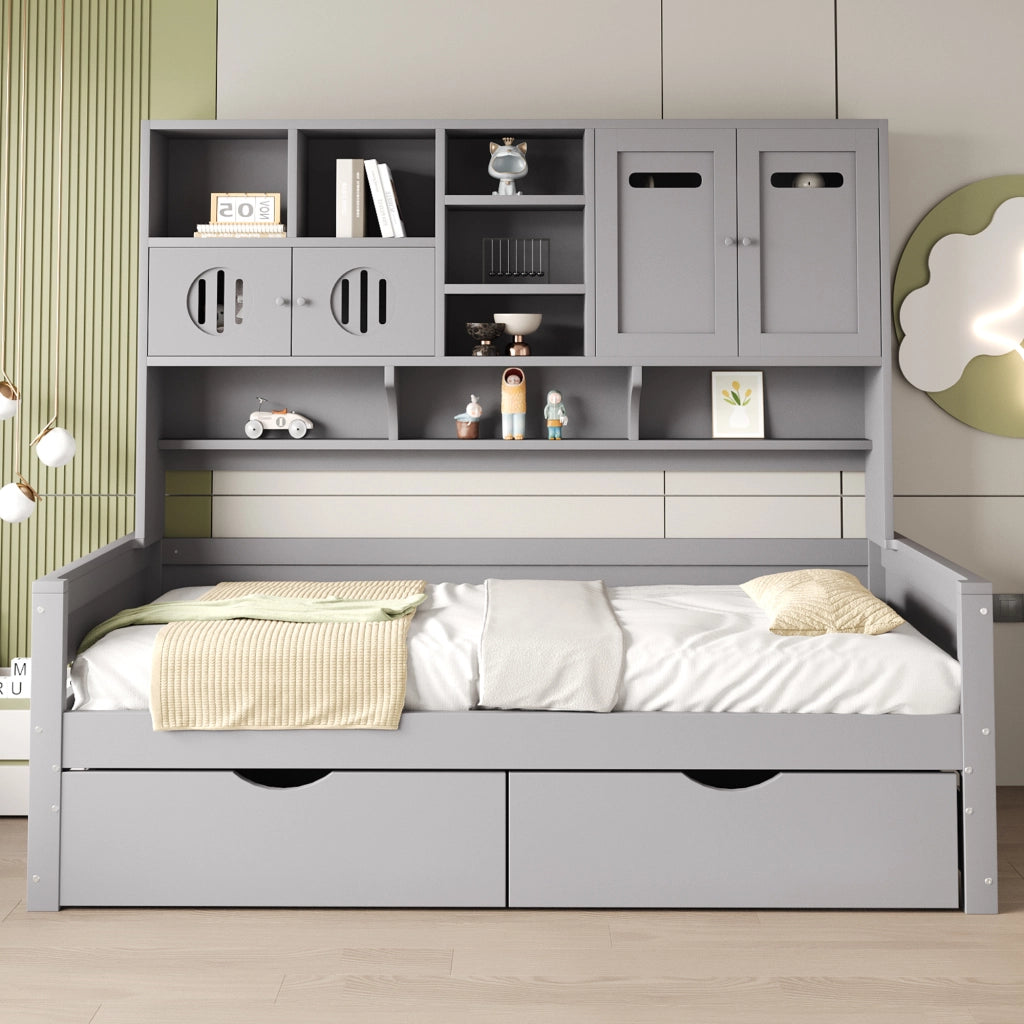 Letto con cassetti 90 × 200 cm con vano multifunzione e rete a 15 doghe in legno di pino grigio