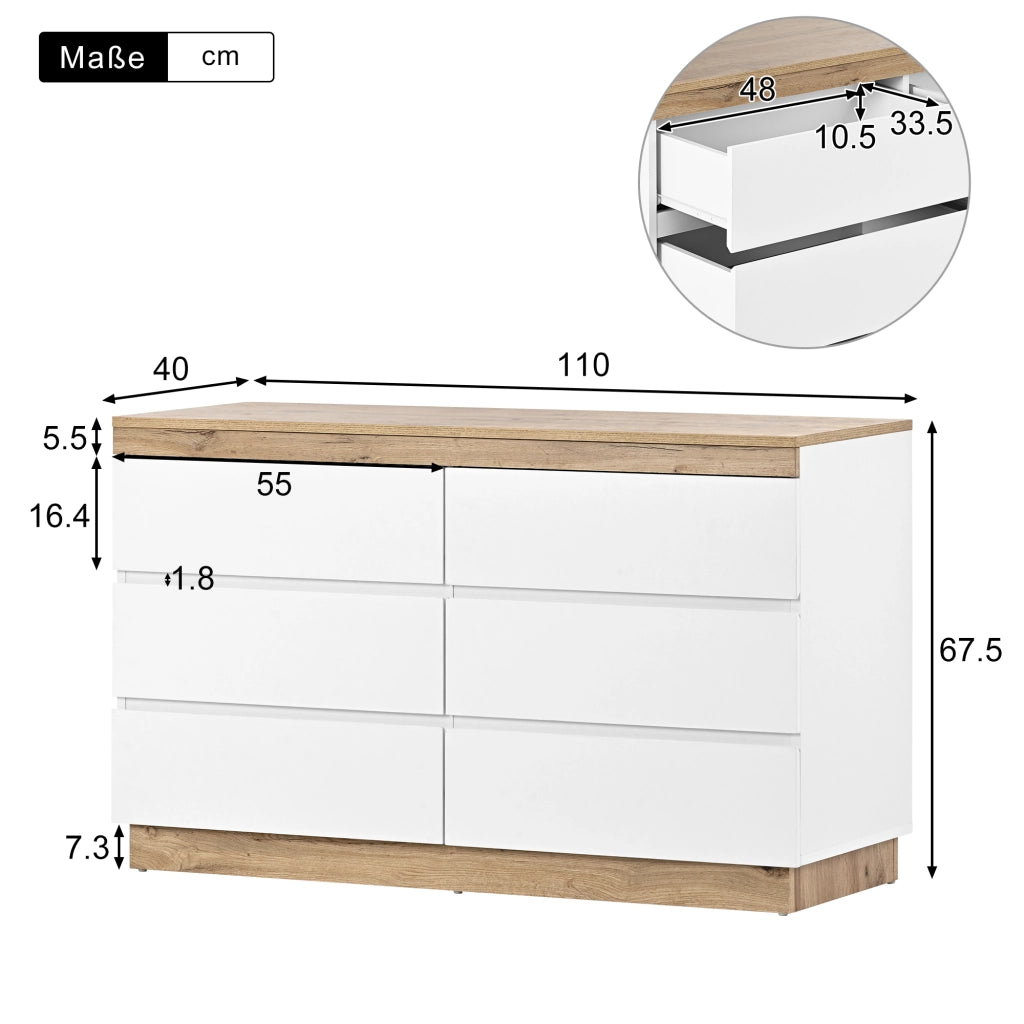 Comò con 6 Cassetti per Camera da Letto e Soggiorno in Pannelli di Particelle Finitura Bianco Rovere