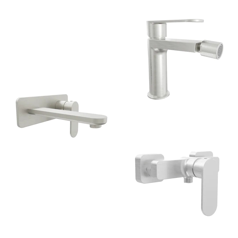 Set miscelatori lavabo ad incasso placca squadrata bidet miscelatore esterno doccia nickel spazzolato | Margot