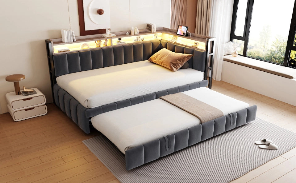 Divano letto estraibile ULEVR 90x200 cm con LED, USB e Type-C, vani portaoggetti, velluto grigio