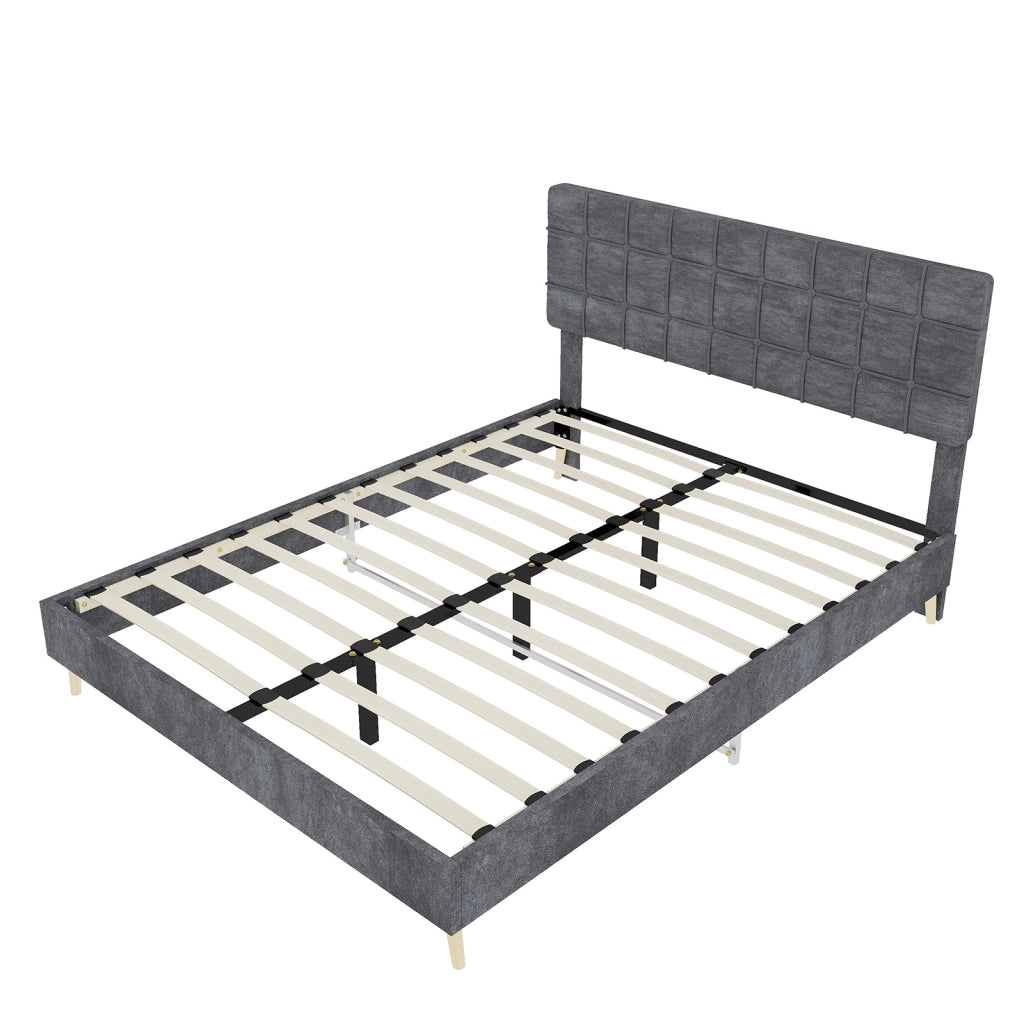 Letto 140 × 200 cm con testiera imbottita a quadri rivestito in velluto grigio