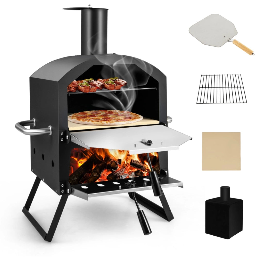 Forno per pizza all'aperto a 2 strati con manici antigraffio gambe pieghevoli, Fornello per pizza a legna Nero-Strumenti cucina