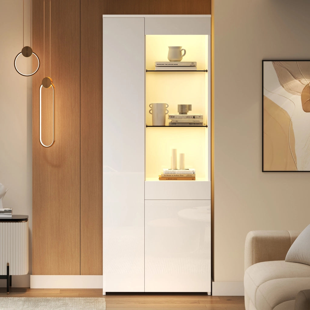 Vetrina con LED e cassetto due ante vani con vetro temperato in truciolare bianco 70 × 35 × 180 cm