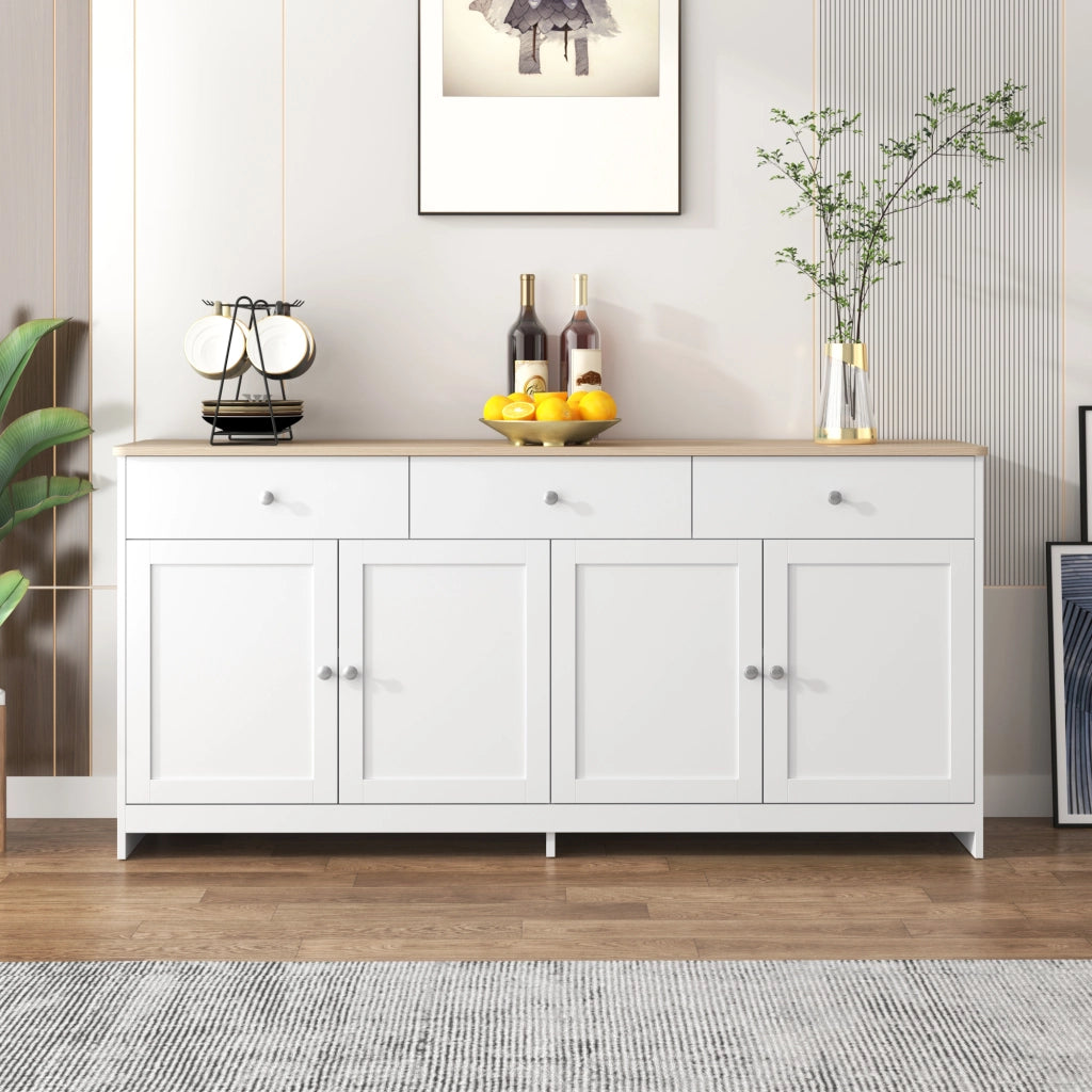 Credenza Bianca e Legno Mobile Buffet 160 cm con 4 Ante e 3 Cassetti in MDF Stile Rustico per Soggiorno e Sala da Pranzo