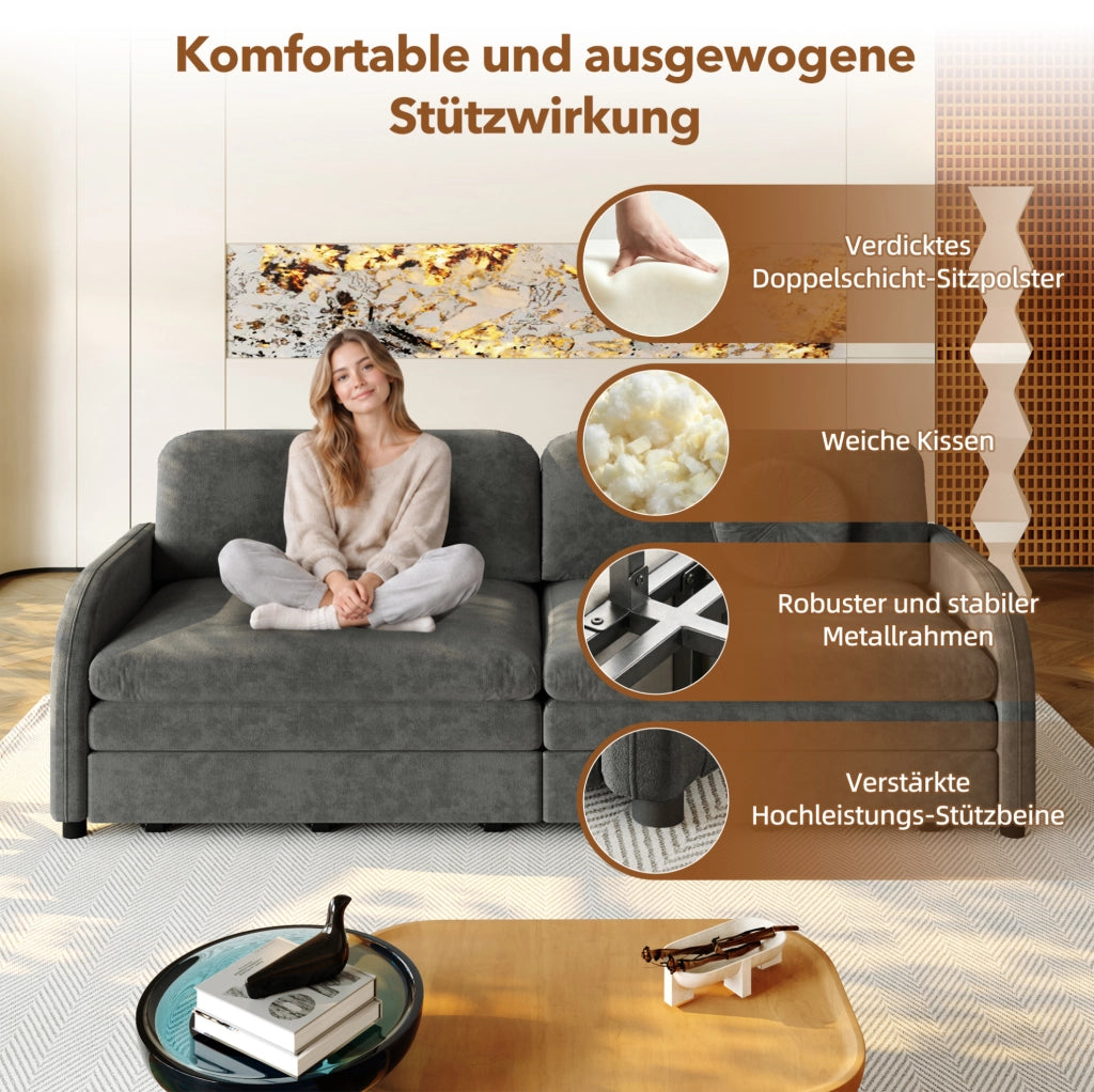 Divano letto estraibile ULEVR 3 in 1 in ciniglia grigio con tasche laterali e cuscini regolabili