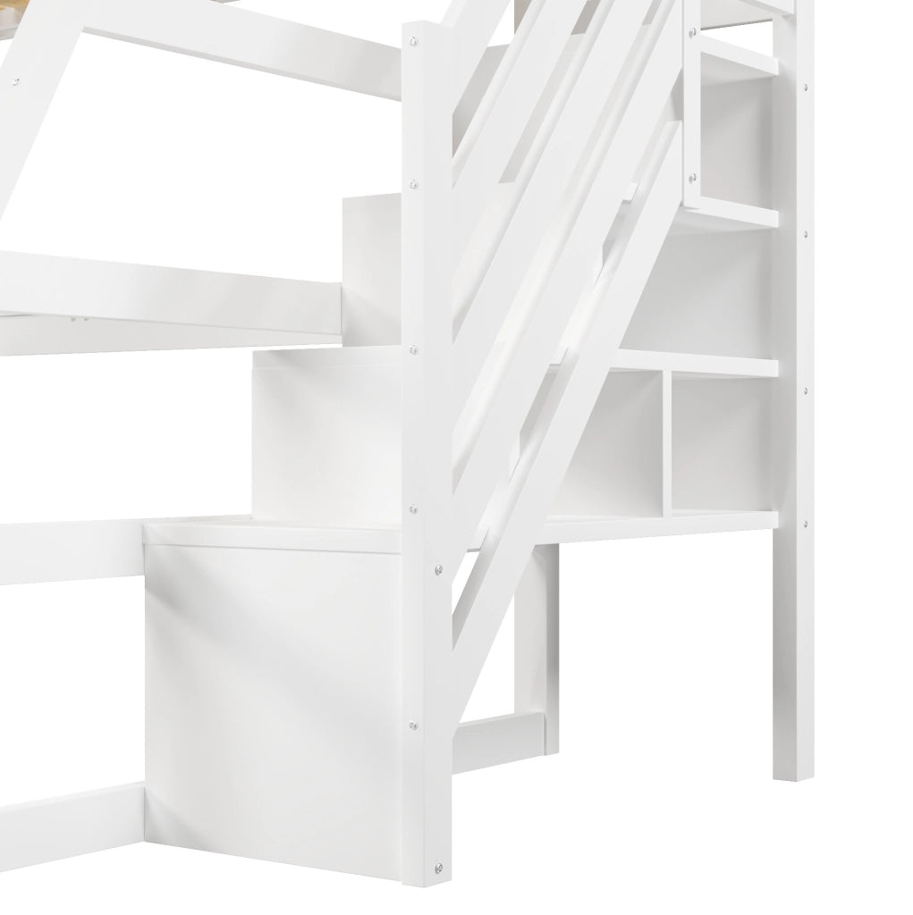 Letto a soppalco in legno 90x200 cm con scrivania; scala con contenitore e LED; bianco