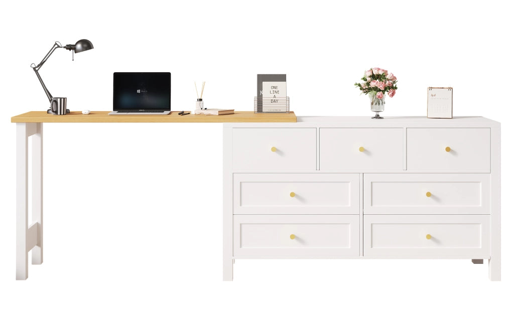Scrivania angolare girevole con 7 cassetti piano a 360° in pannello truciolare bianco e rovere 120 × 40 × 70 cm