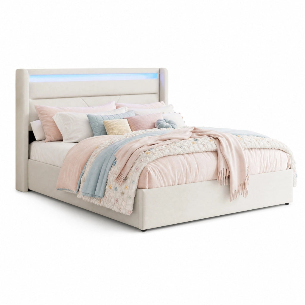 Letto matrimoniale imbottito 160 × 200 cm con contenitore idraulico LED telecomando in PU bianco rete a doghe