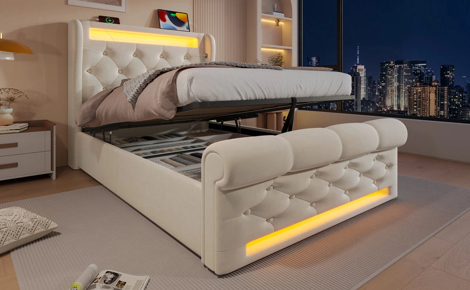 Letto imbottito con contenitore 90x200 cm in velluto beige, LED integrato e prese USB Type-C