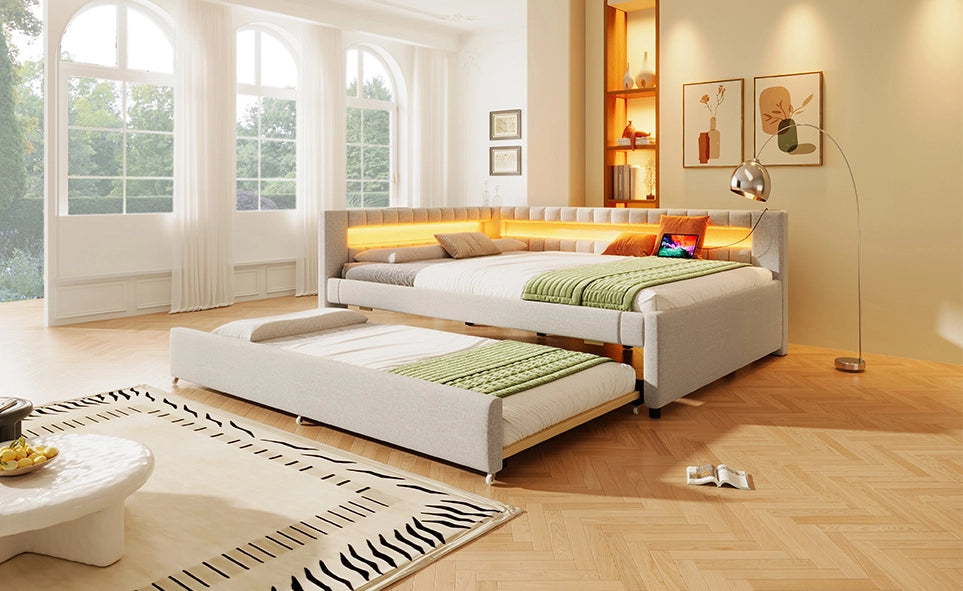 Letto Daybett in Lino Beige 140x200 cm con Letto Estraibile, Striscia LED a Telecomando, USB e Type-C