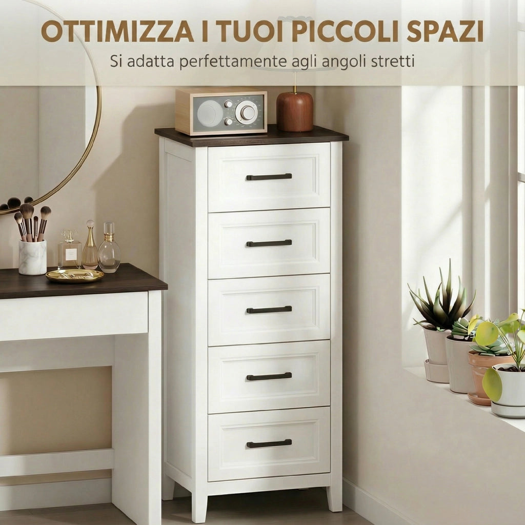 Cassettiera 45x35x106 cm con 5 Cassetti in MDF Bianco e Marrone