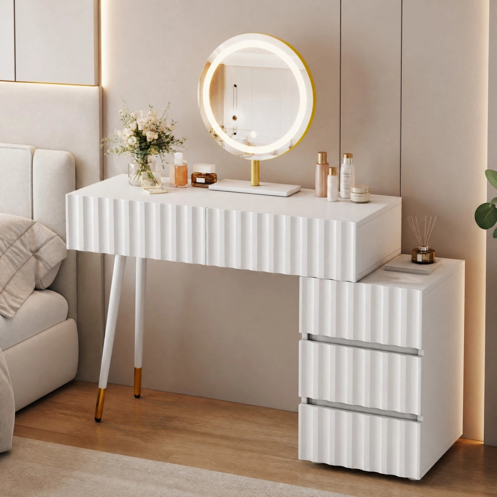 Toeletta bianca con specchio LED, 5 cassetti e mobile laterale