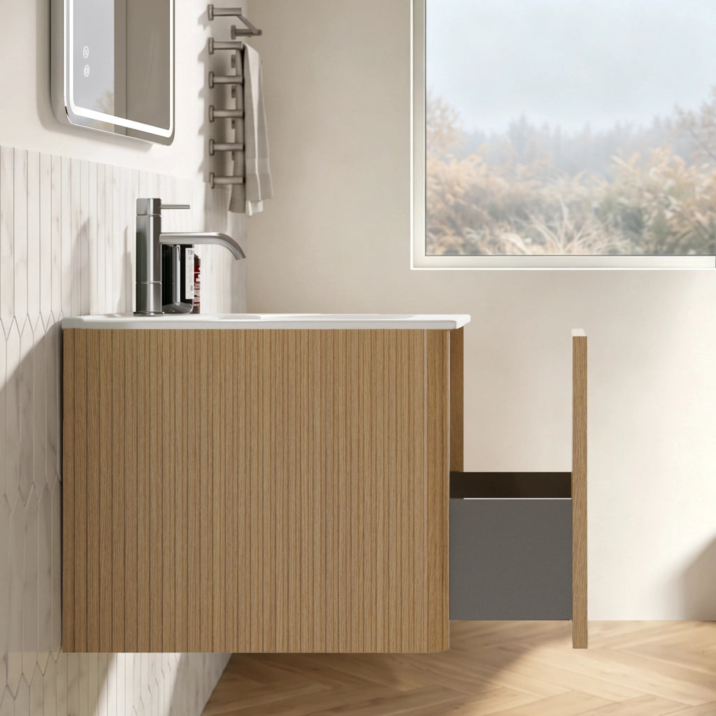 Set mobili bagno sospeso con specchio LED e lavabo integrato in vetro MDF compensato e solid surface rovere