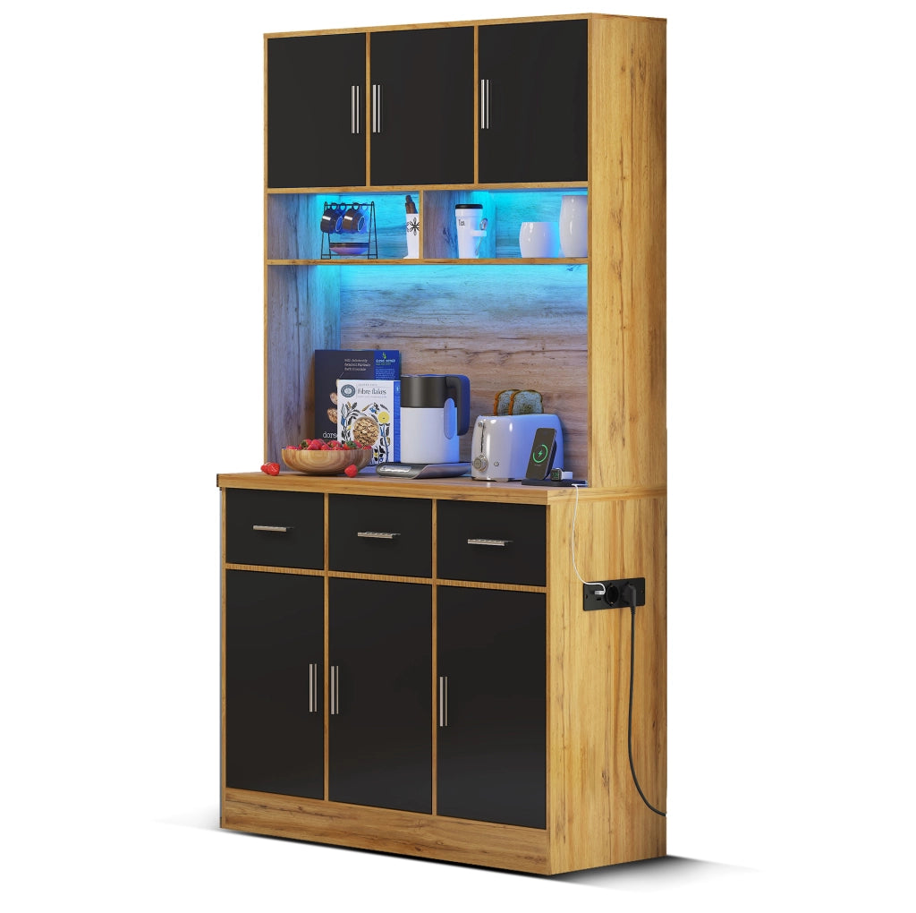 Mobile buffet 100x40x180 cm naturale e nero in MDF, LED e prese