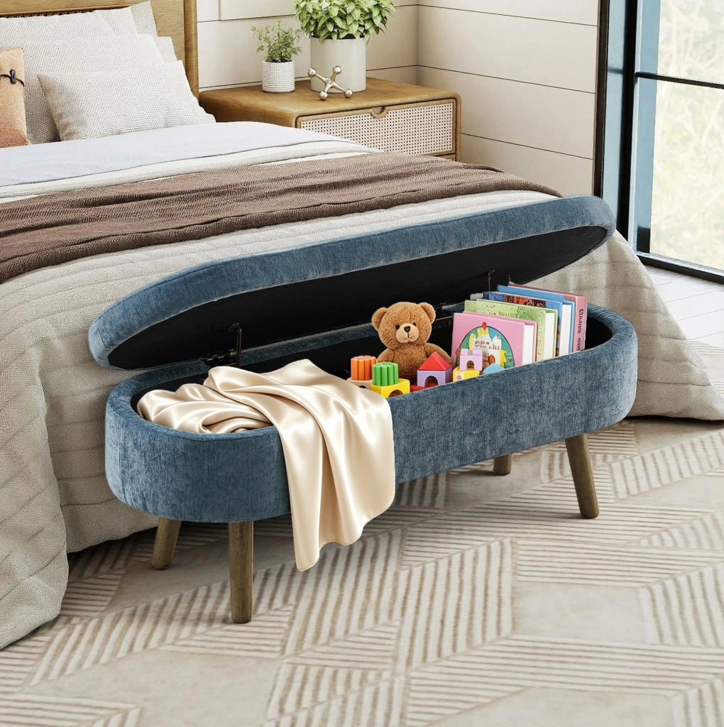 Panca contenitore in tessuto ciniglia blu con struttura in legno massello, 110x40x42 cm, 20L capacità, ideale per soggiorno e ingresso