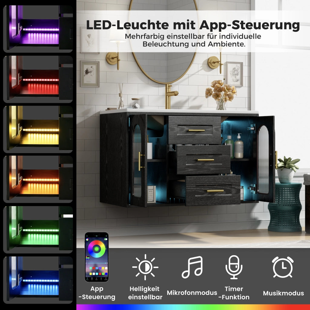 Mobile bagno sospeso 76 cm con lavabo in ceramica, LED e vetro rigato nero