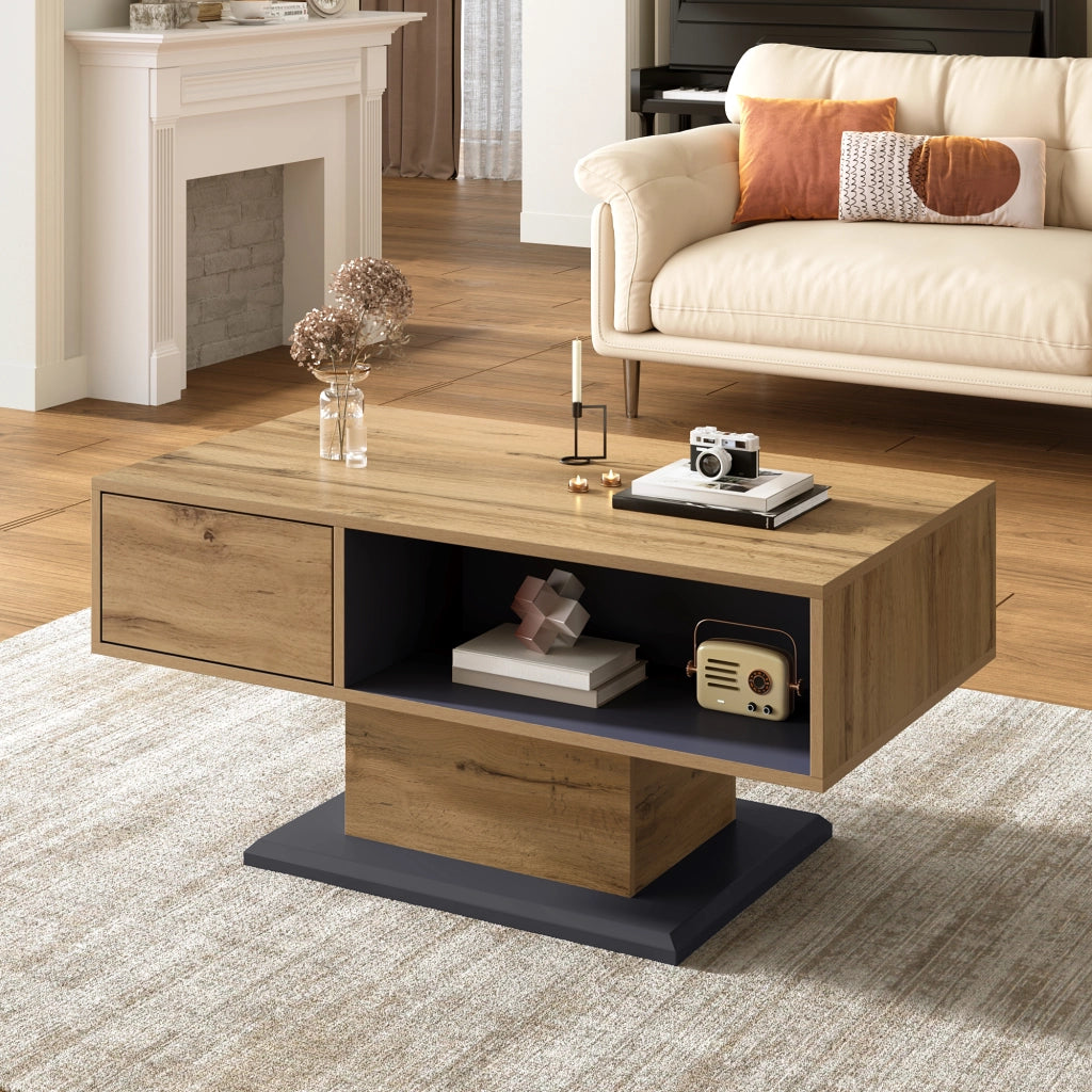 OKWISH Tavolino da Caffè Moderno con Vani su Due Lati e Scomparto Interno, per Soggiorno, Grigio Rovere, 100 x 50 x 46,5 cm