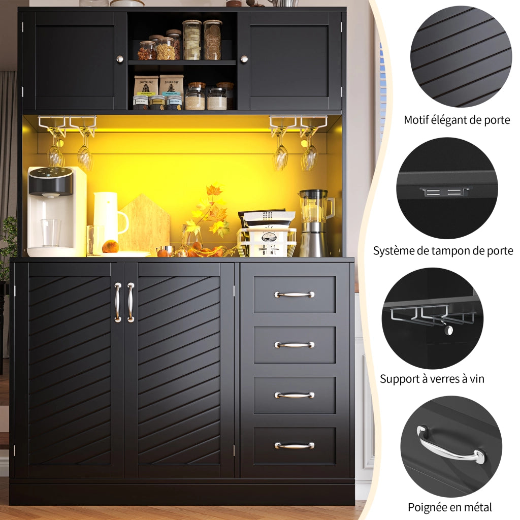 Credenza da cucina alta con LED, 4 ante, 2 cassetti e portabottiglie, per cucina, in MDF nero, 120 × 40 × 188 cm
