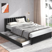 Letto matrimoniale 160x200 cm in velluto nero con testiera; doghe e 2 cassetti