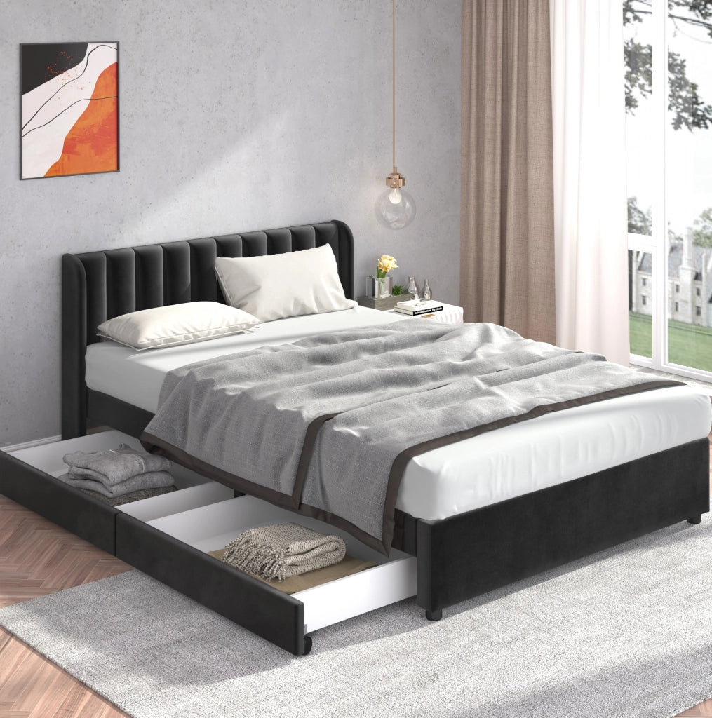 Letto matrimoniale 160x200 cm in velluto nero con testiera; doghe e 2 cassetti