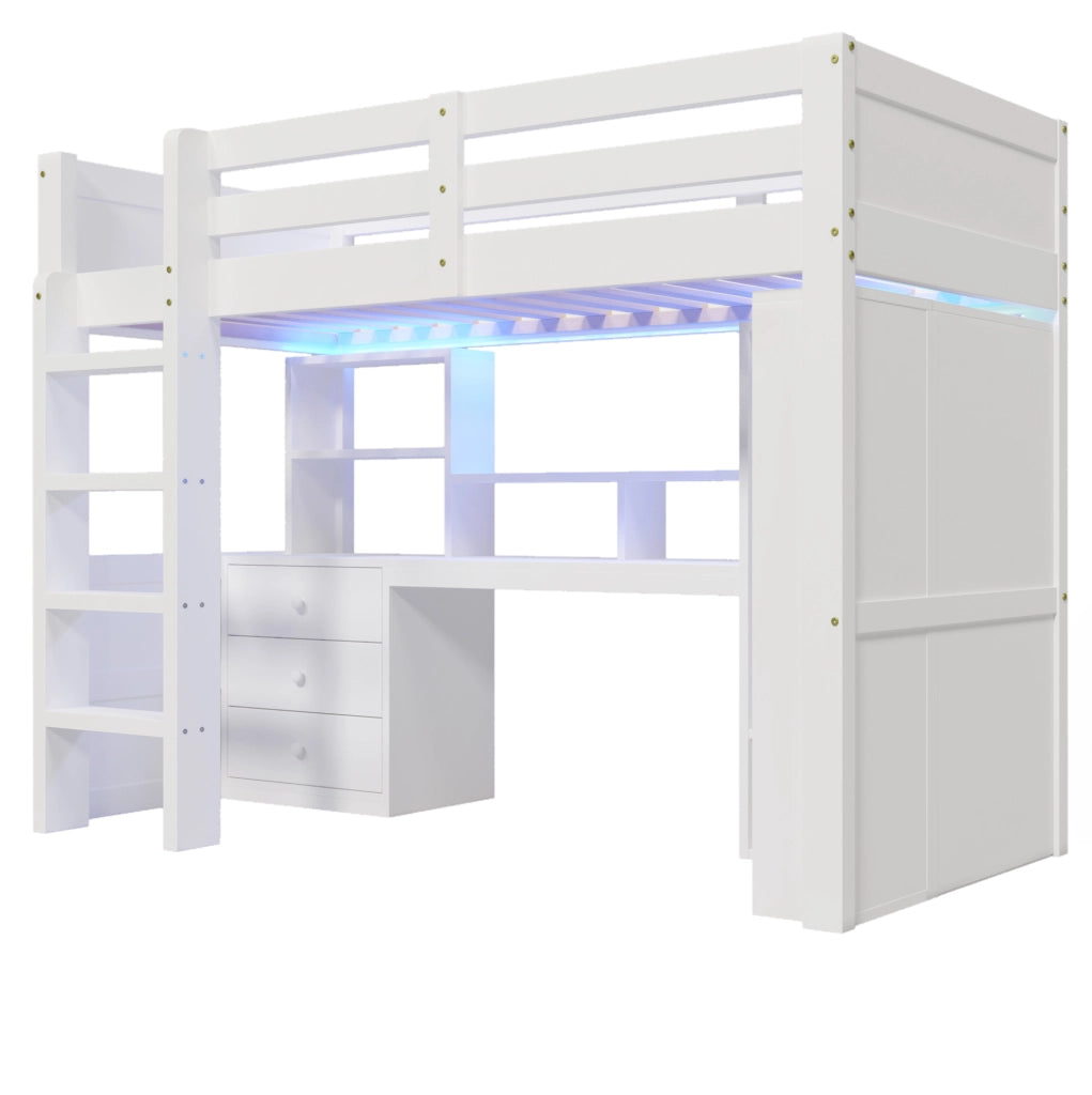 Letto a soppalco per bambini 90x200 cm con LED, scrivania e armadio bianco