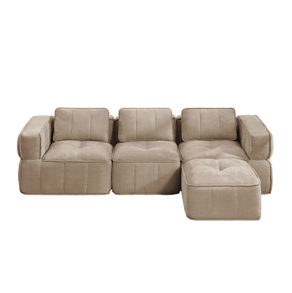 Divano angolare modulare 271x162x67 cm in poliestere sabbia con pouf