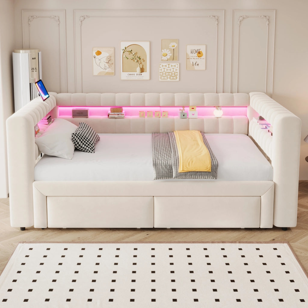 Letto divano 90 × 190 e 180 × 190 cm con letto estraibile; 2 cassetti; LED regolabile; USB e tipo C; senza materasso