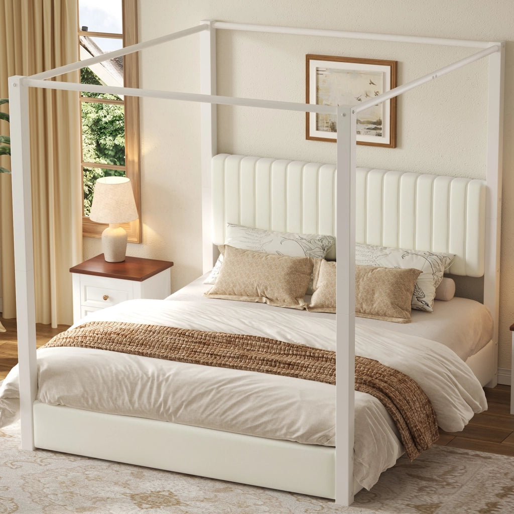 Letto matrimoniale a baldacchino 180×200 cm imbottito in velluto beige e bianco con testiera e montanti in metallo