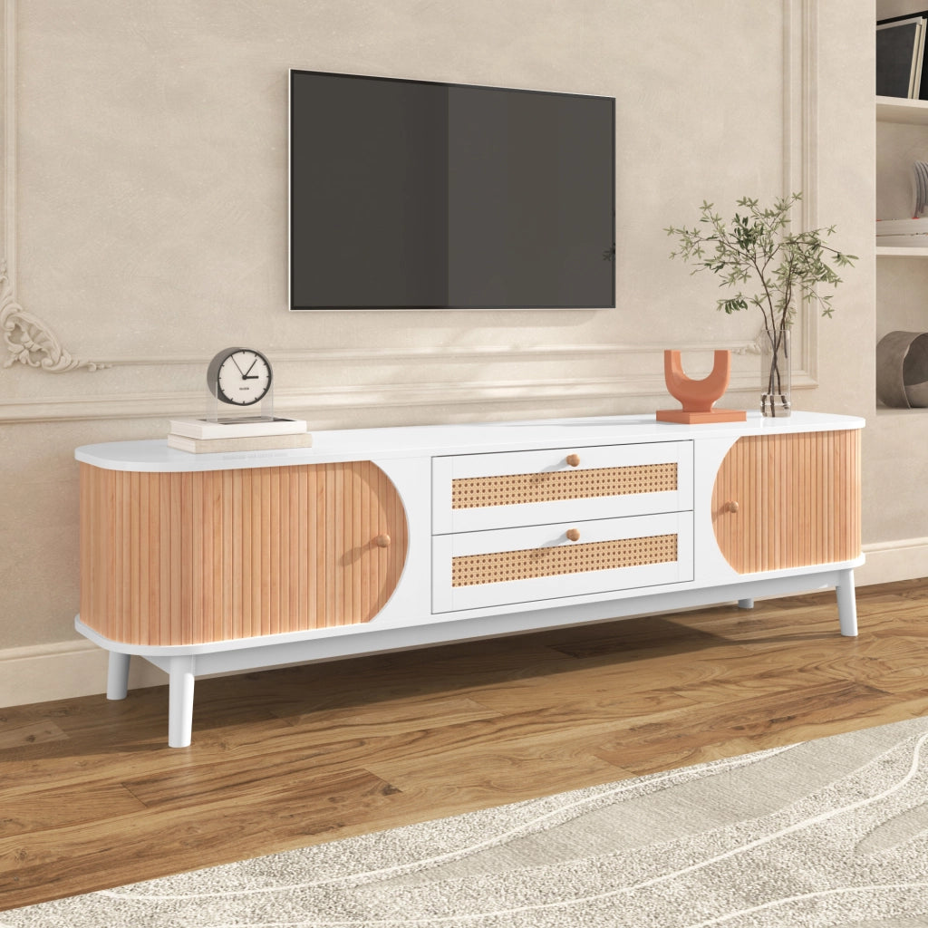Mobile porta televisore bianco e legno con ante e cassetti intrecciati, ampio e resistente