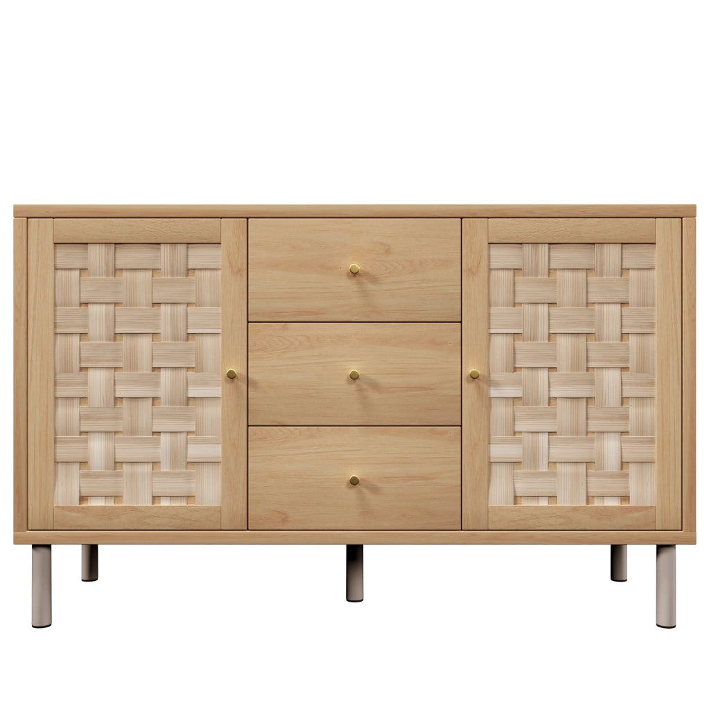 Credenza in MDF e metallo 120x40x75 cm con 2 ante e 3 cassetti, rovere