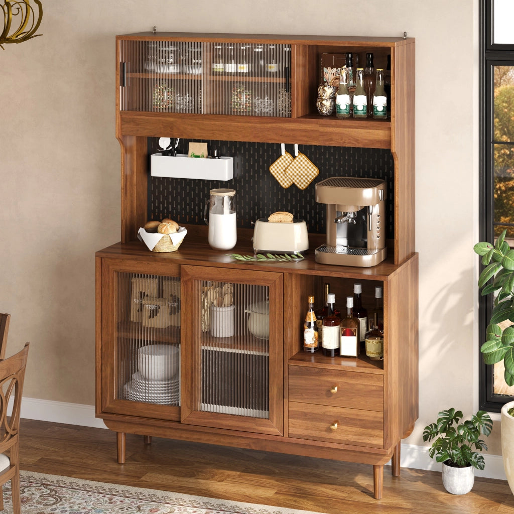 Credenza da cucina con 4 ante scorrevoli in vetro rigato; 2 cassetti e pannello forato noce 117 × 30 × 170 cm