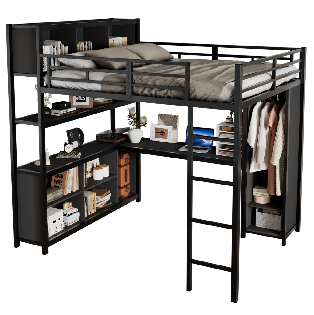 Letto a soppalco 140x200 cm con scrivania; armadio e vani contenitore in metallo e legno; nero