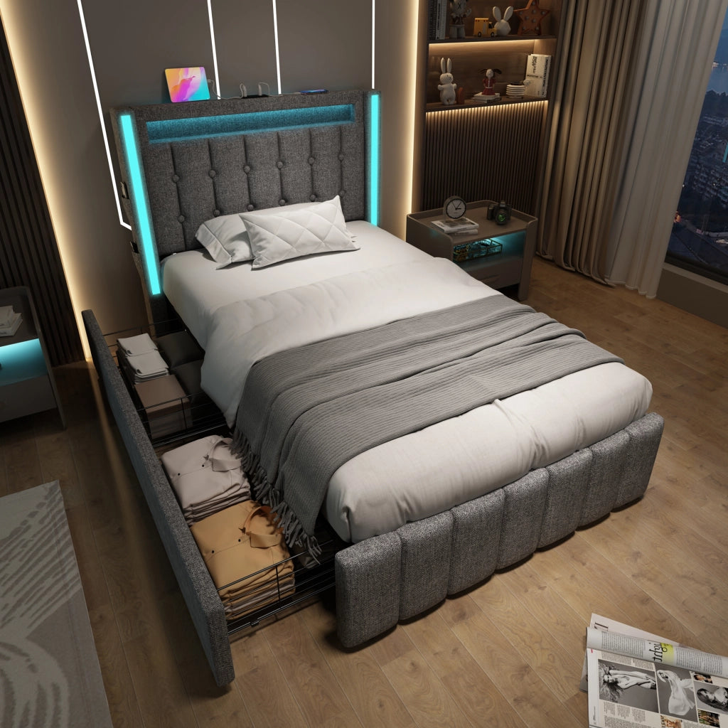 Letto Contenitore Singolo Imbottito 90x200 cm con LED; USB; USB-C; Cassetti; Grigio