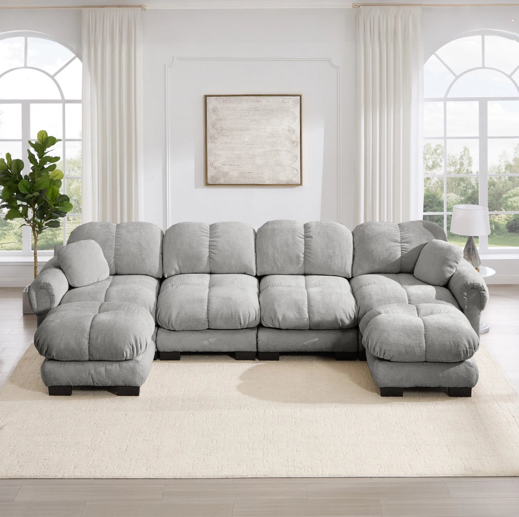 Divano modulare a U 4 posti 330x149x90 cm in ciniglia grigio chiaro, 2 pouf
