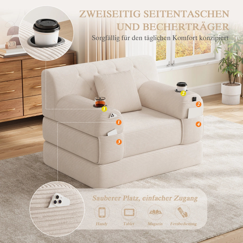 Divano letto singolo 107x162 cm in velluto a coste beige; schienale alto; 4 tasche e 2 portabevande