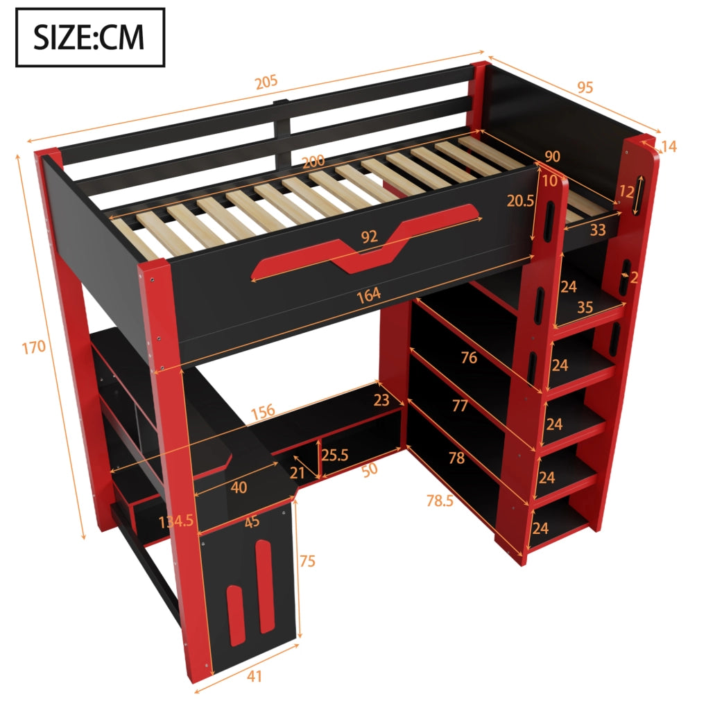Letto a soppalco 90x200 cm con scrittoio; LED e scaffale a 4 ripiani; MDF e compensato; nero e rosso