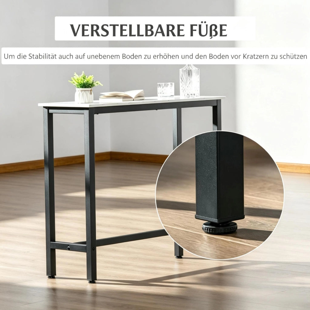Tavolo Bar Moderno con Struttura in Acciaio Nero e Piano Effetto Marmo Bianco 120x40x100 cm