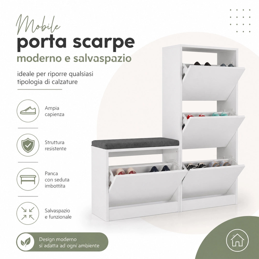 Scarpiera Salvaspazio 3 Ante Mobile Portascarpe 105x118,5 cm Multiuso Bianco
