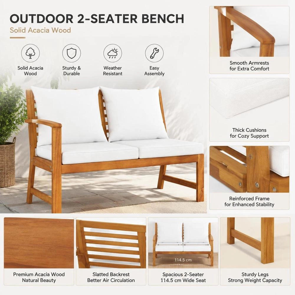 Garden Bench 114.5 Cm With Cream-white Cushions, Solid Acacia Wood