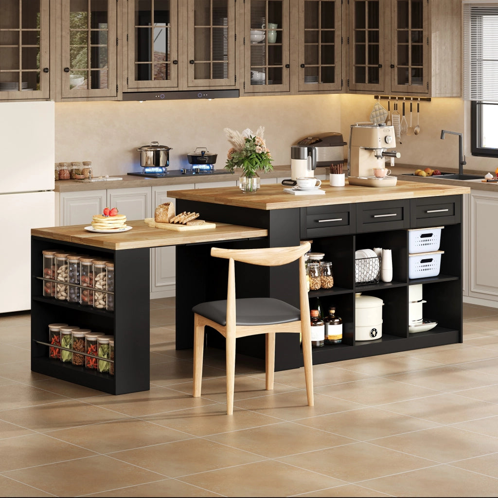 Isola da cucina con tavolo estraibile e contenitori in MDF naturale e nero 150 × 90 × 90 cm