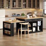 Isola da cucina con tavolo estraibile e contenitori in MDF naturale e nero 150 × 90 × 90 cm
