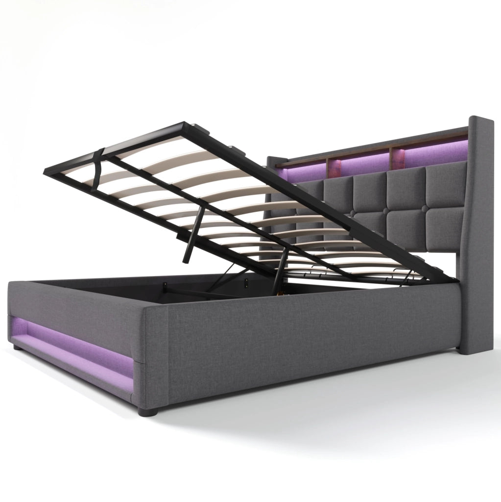 Letto imbottito 140x200 cm con LED e USB, struttura in lino grigio con rete a doghe in metallo e materasso ortopedico a 7 zone H3