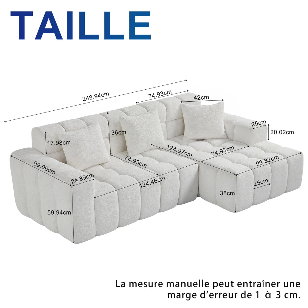 Divano angolare modulare a L; chaise longue; seduta confortevole; ciniglia bianca testurizzata; per soggiorno o studio; 249;94x99;06x59;94 cm
