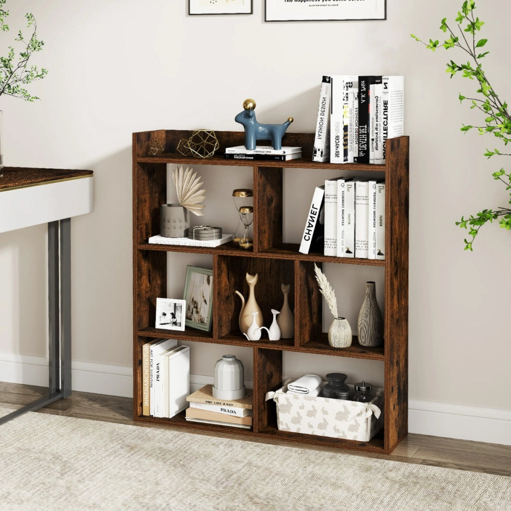 Libreria a cubi aperti con 7 scomparti, Mensola espositiva per l'archiviazione in legno per studio soggiorno Marrone-Librerie